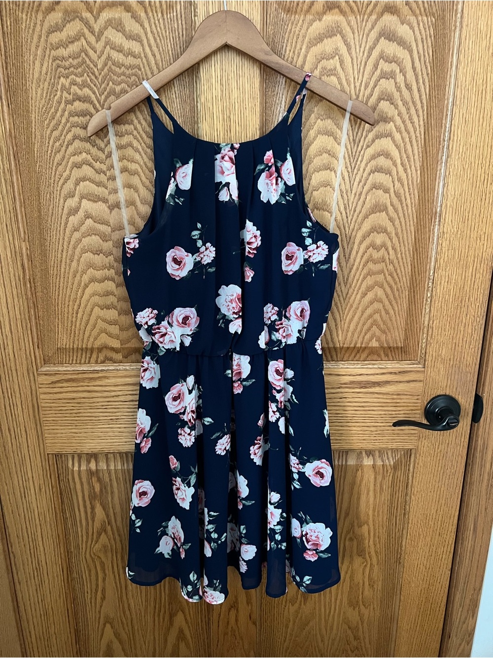 Francesca's Collections Navy Mini Dress with Pink Rose Print